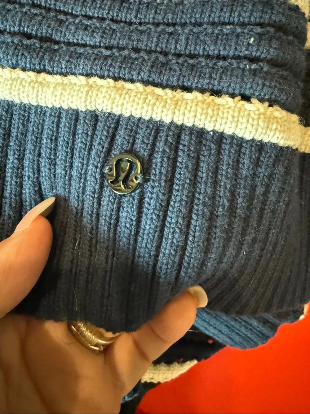 lululemon athletica Navy and White Striped Open-Weave Crew Sweater